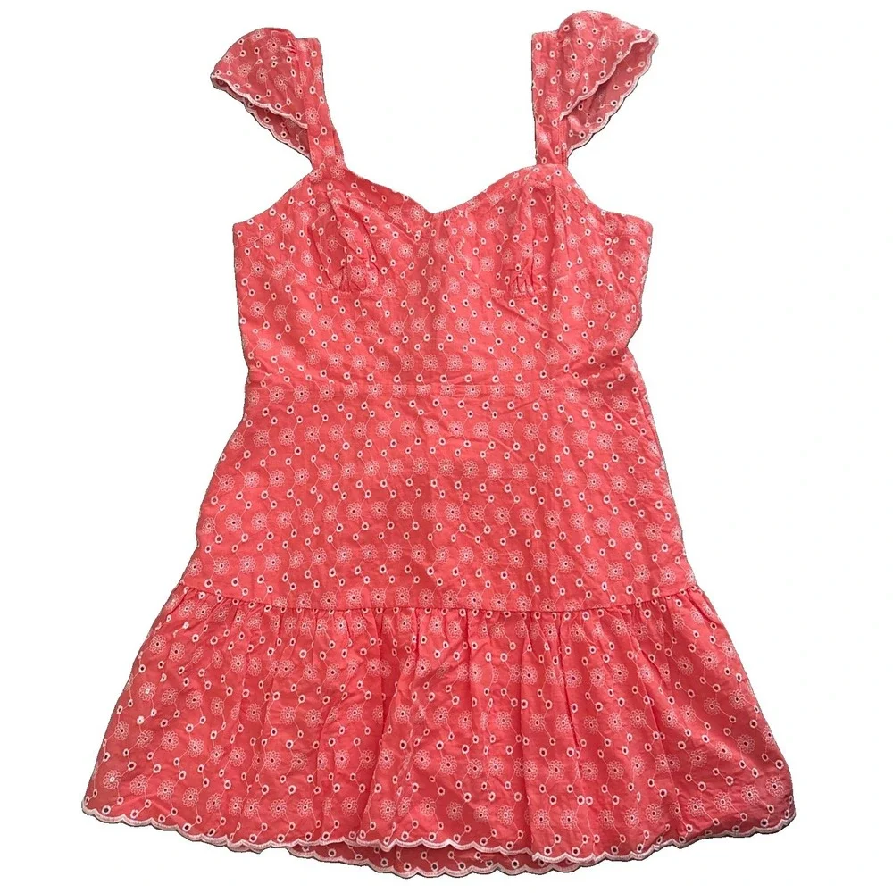 Betsey Johnson Coral Eyelet Smocked Sweetheart Cap Sleeve Mini Dress Womens XL